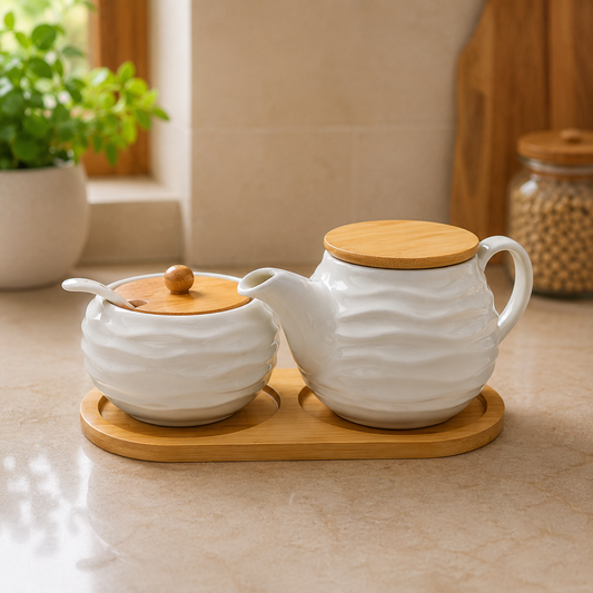Modern Wave Ceramic Jar & kettle Set with Bamboo Tray