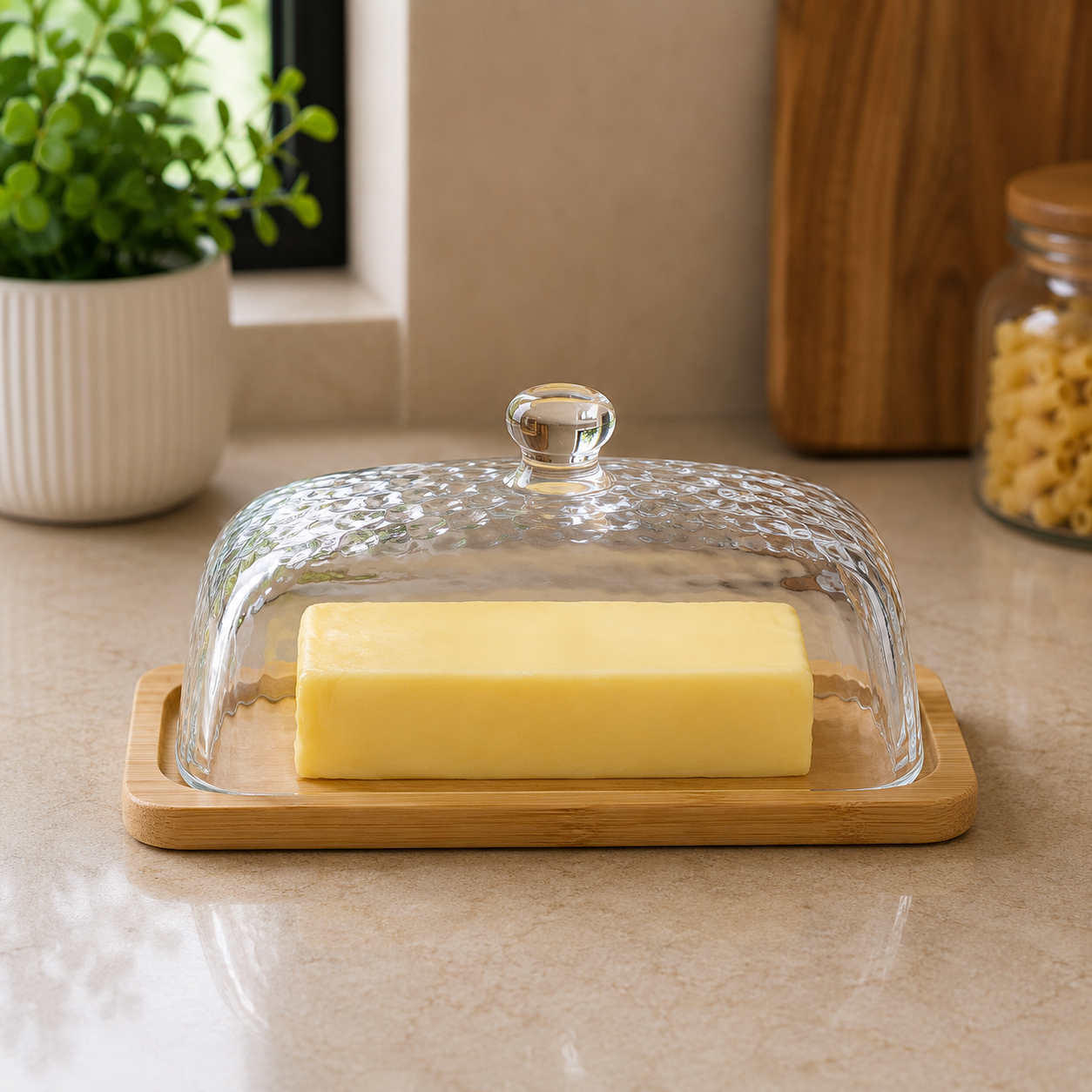 Premium Glass Butter Dish with Bamboo Tray