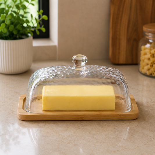 Premium Glass Butter Dish with Bamboo Tray
