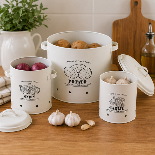 Vintage White Onion, Garlic & Potato Storage Set – 3Pc