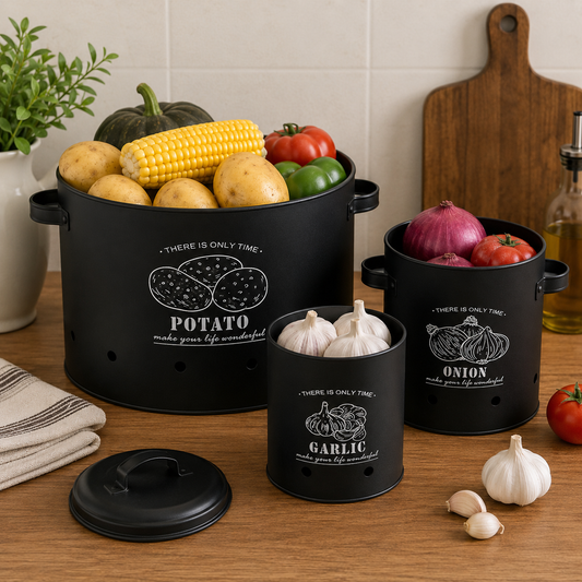 Modern Black Onion, Garlic & Potato Storage Set – 3Pc