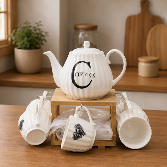 Elegant Ceramic Coffee Tea Set with Wooden Stand