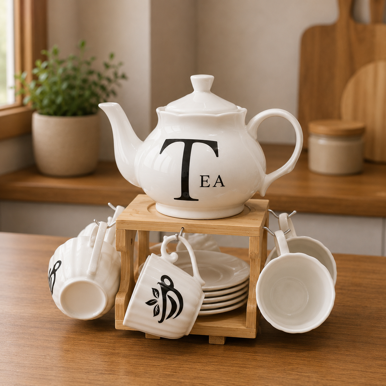 Elegant Ceramic Tea Set with Wooden Cup Stand