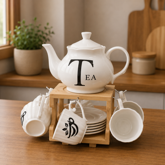 Elegant Ceramic Tea Set with Wooden Cup Stand