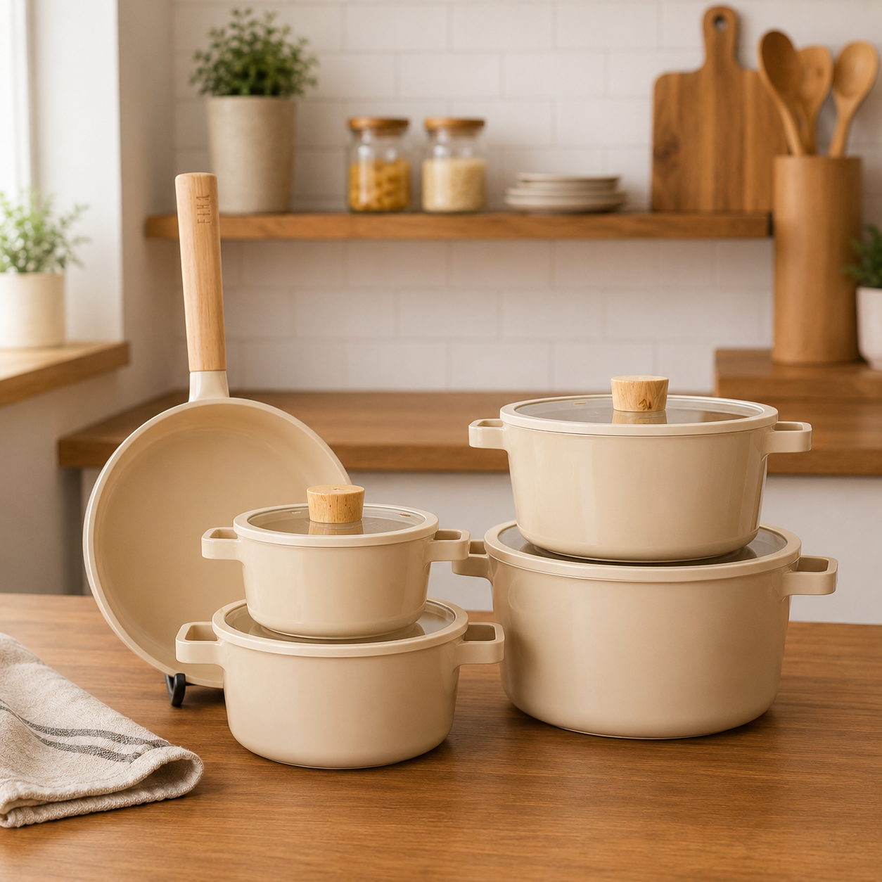 Modern Beige Nonstick Cookware Set