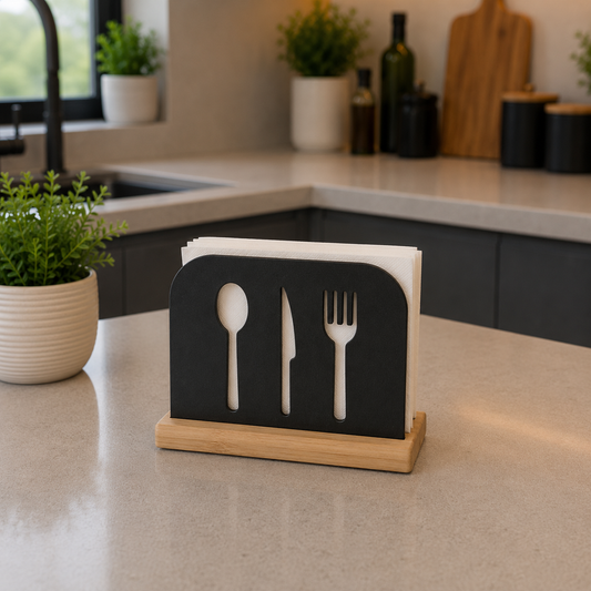 Napkin Holder – Black with Wood Base