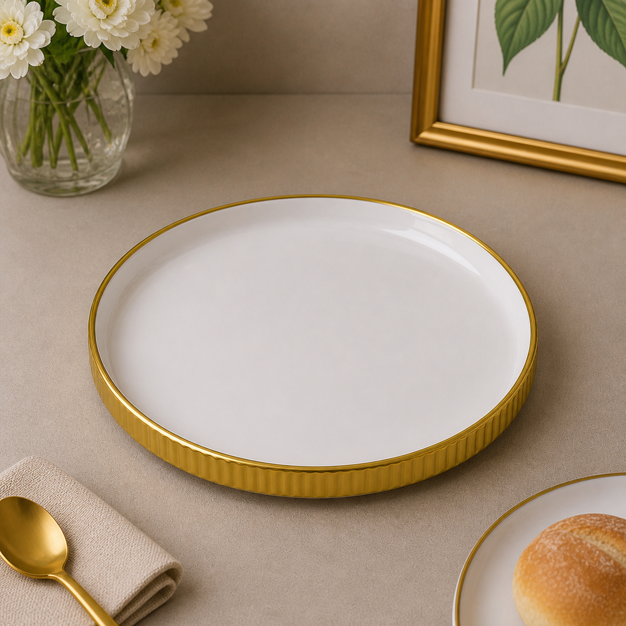 Brilliant 8.5-Inch Round Ceramic Serving Plate with Gold Metal Finish