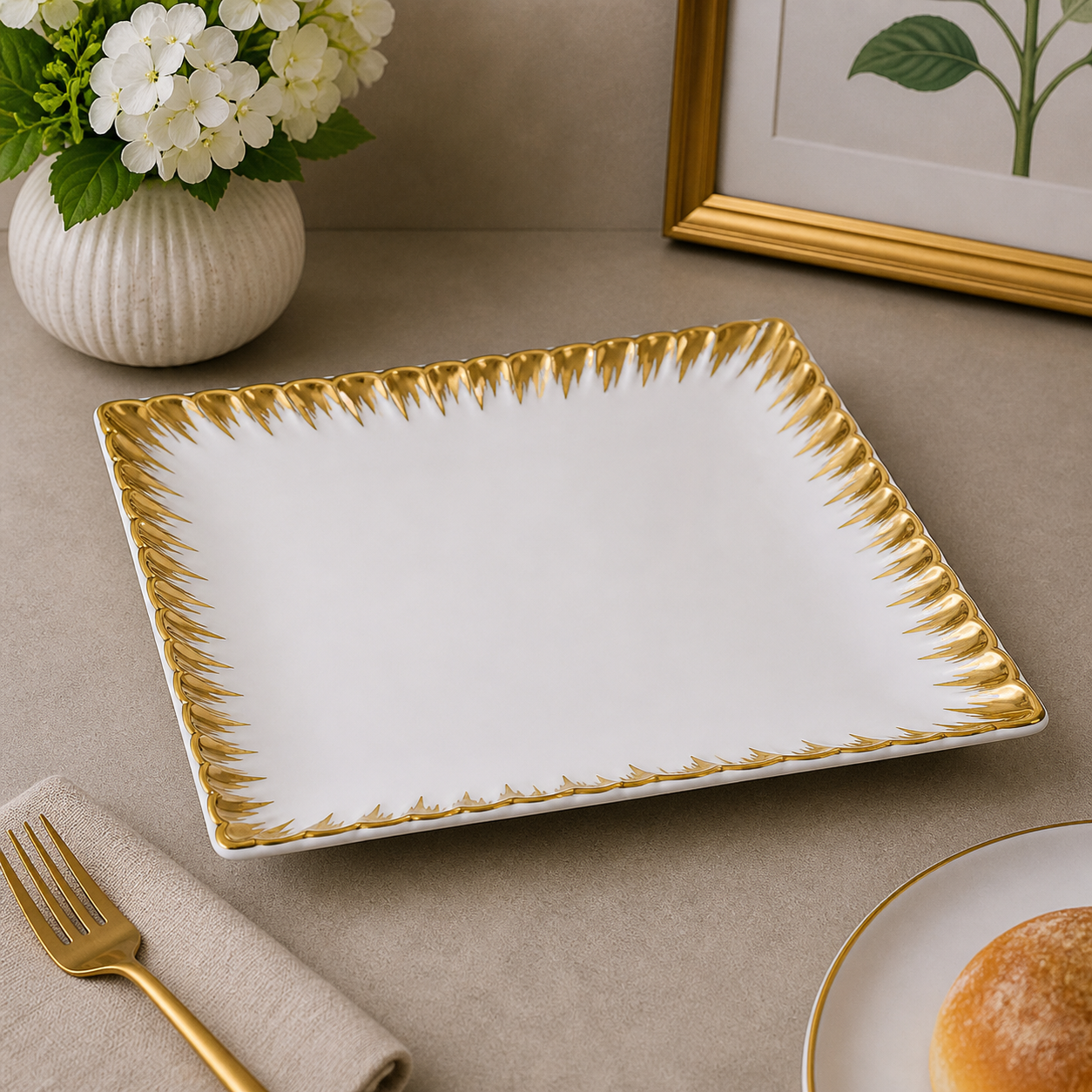 Brilliant 10-Inch Square Ceramic Serving Plate with Gold Metal Rim