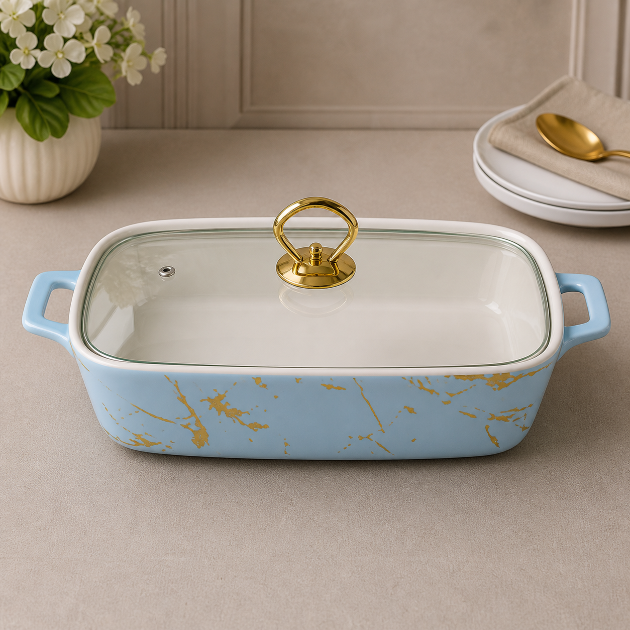 Brilliant 12-Inch Rectangular Ceramic Casserole Dish with Glass Lid