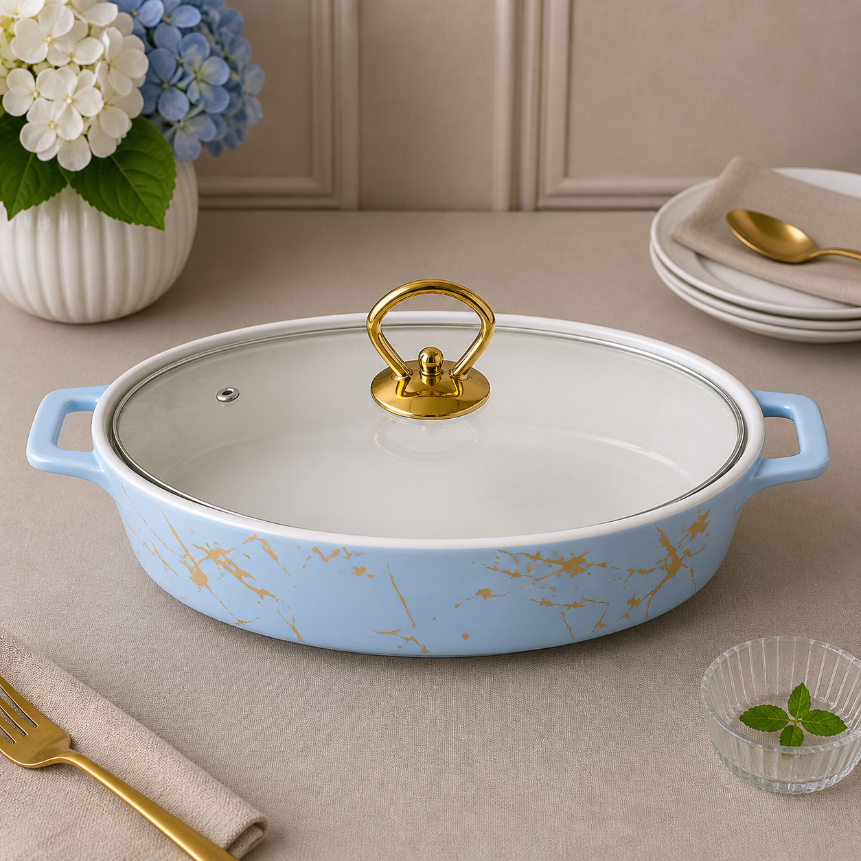 Brilliant 12-Inch Oval Ceramic Casserole Dish with Glass Lid