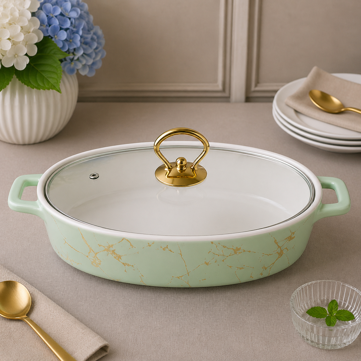 Brilliant 14-Inch Oval Ceramic Casserole Dish with Glass Lid