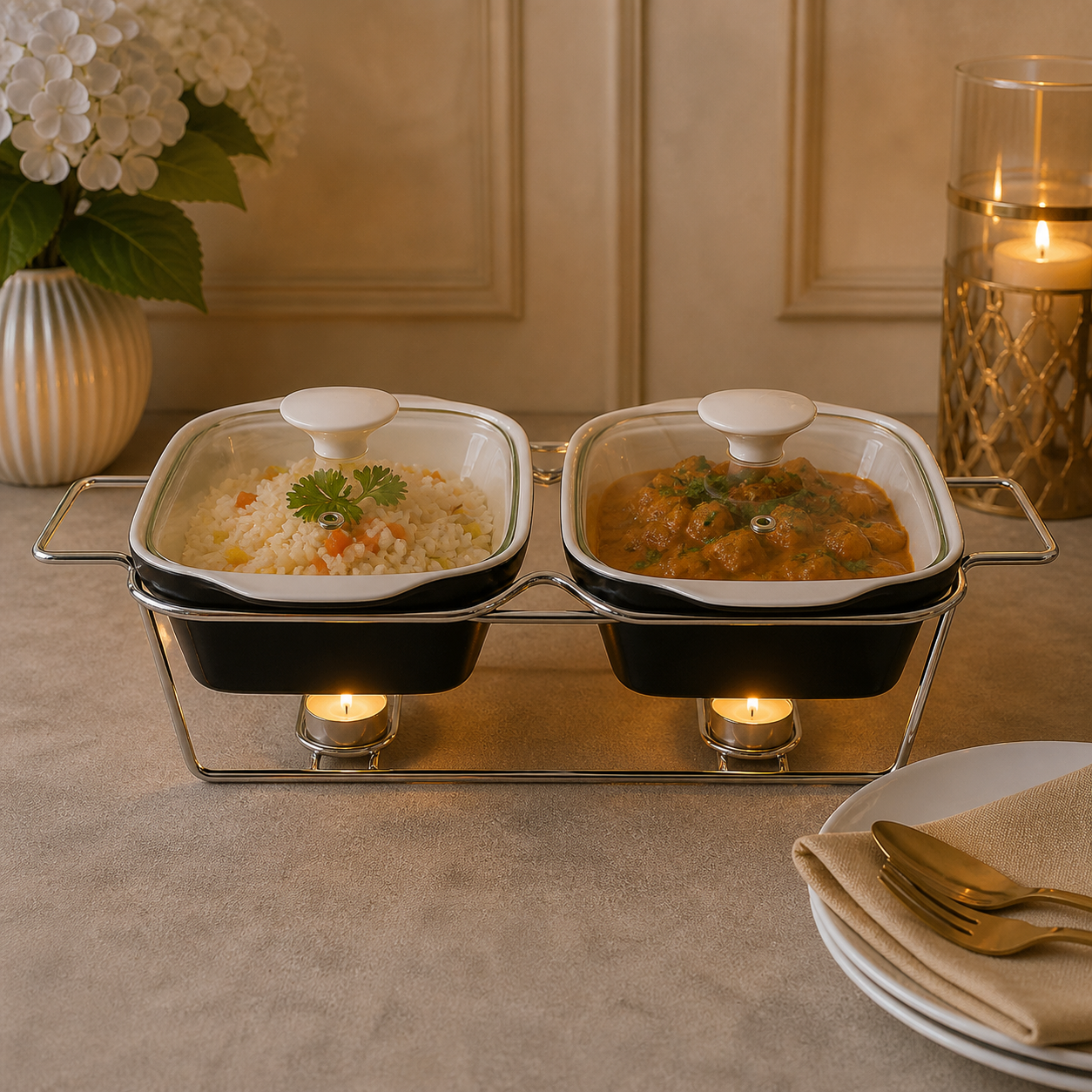 Brilliant Twin 11-Inch Rectangular Ceramic Chafing Dish with Glass Lids & Metal Candle Stand