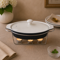 Brilliant 11-Inch Oval Ceramic Chafing Dish with Glass Lid & Metal Candle Stand