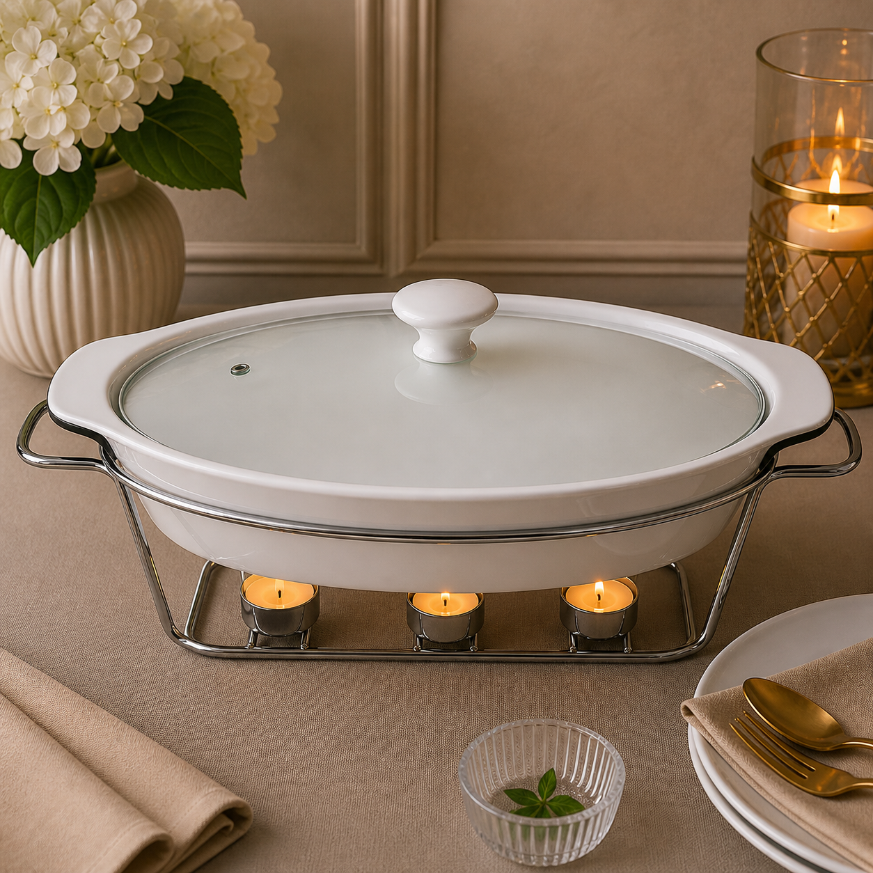 Brilliant Oval Ceramic Chafing Dish with Metal Candle Stand