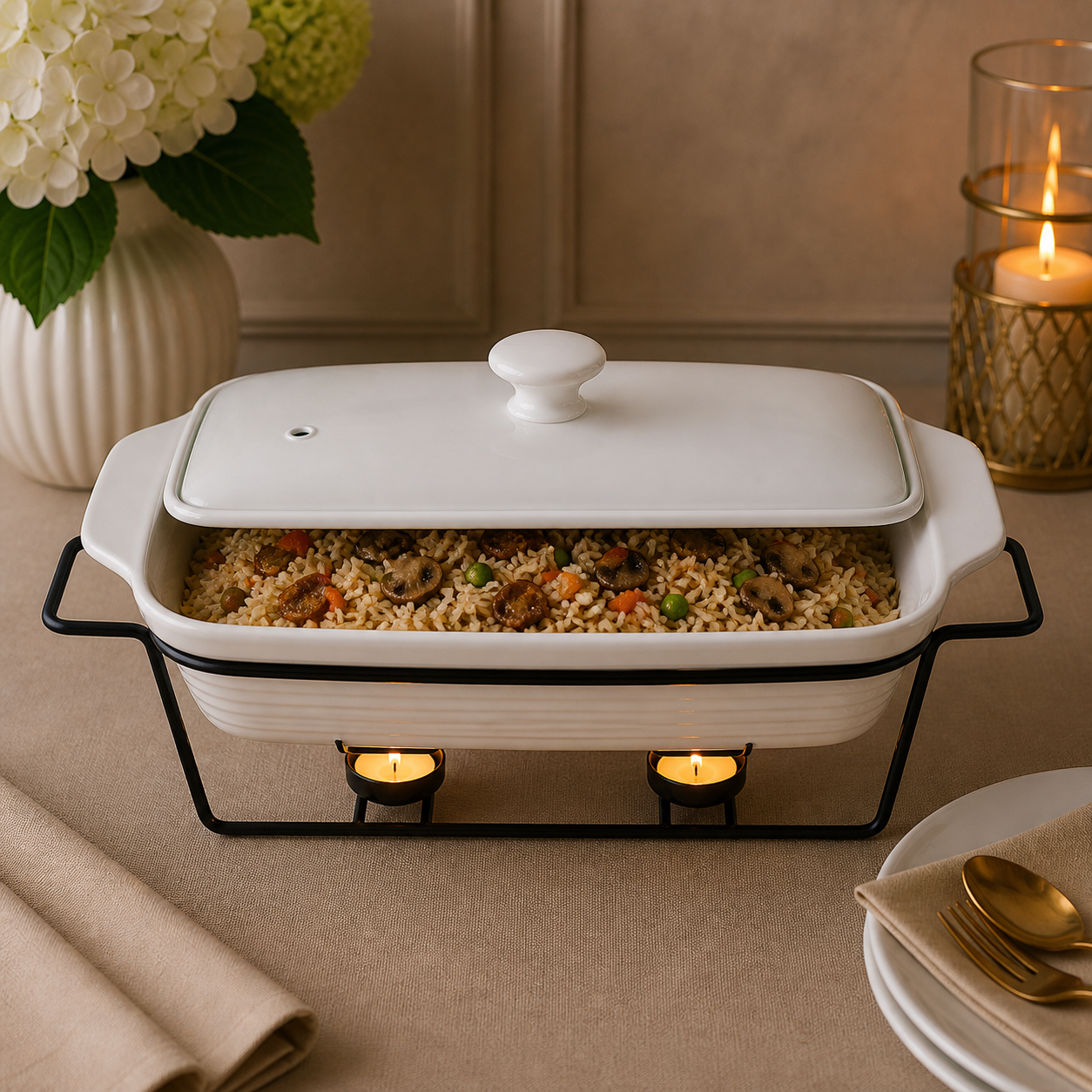 Brilliant Rectangular Ceramic Burner Dish with Metal Stand