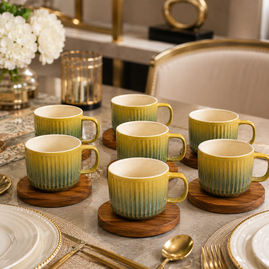 Stone Ceramic Cup with Wooden Saucer – 6 Pcs Luxury Mug Set