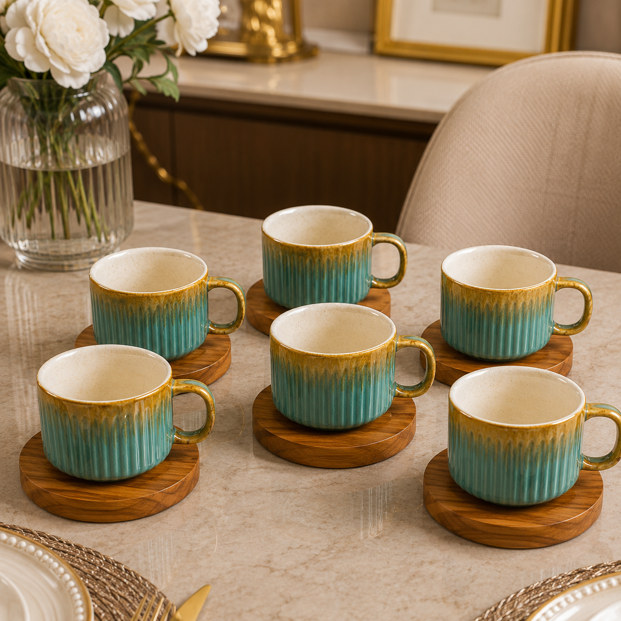 Stone Ceramic Cup with Wooden Saucer – 6 Pcs Teal Gradient Mug Set