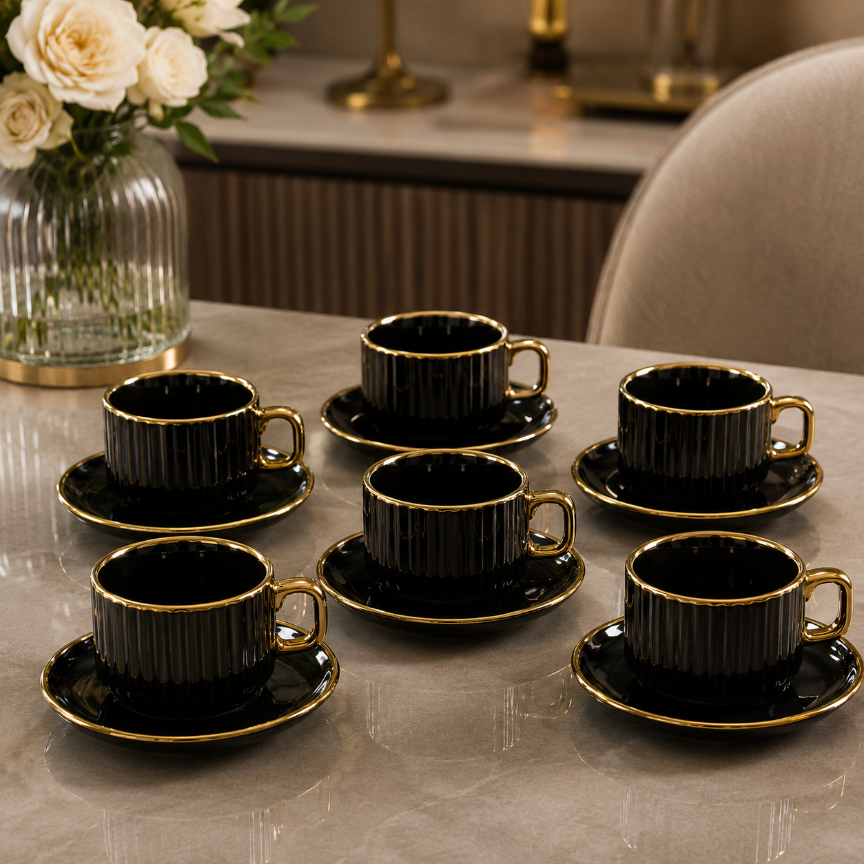 Cup N Saucer Stone Heavy Ceramic Set – 6 Pcs Black Gold Edition