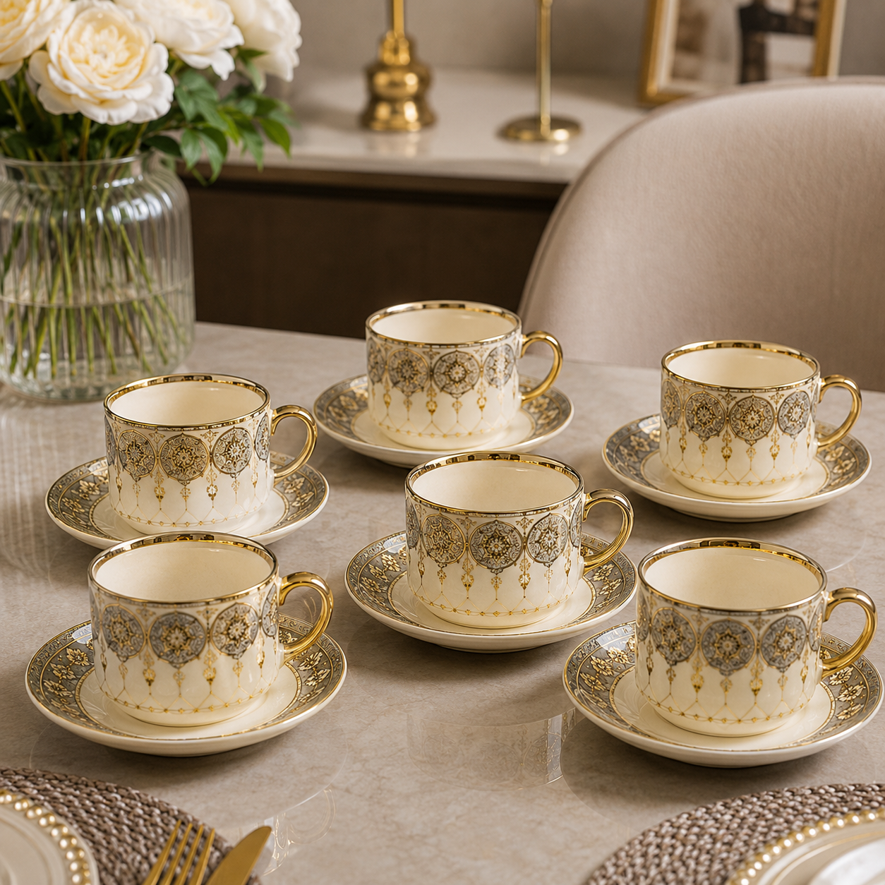 Cup N Saucer Stone Heavy Ceramic Set – 6 Pcs Royal Gold Edition