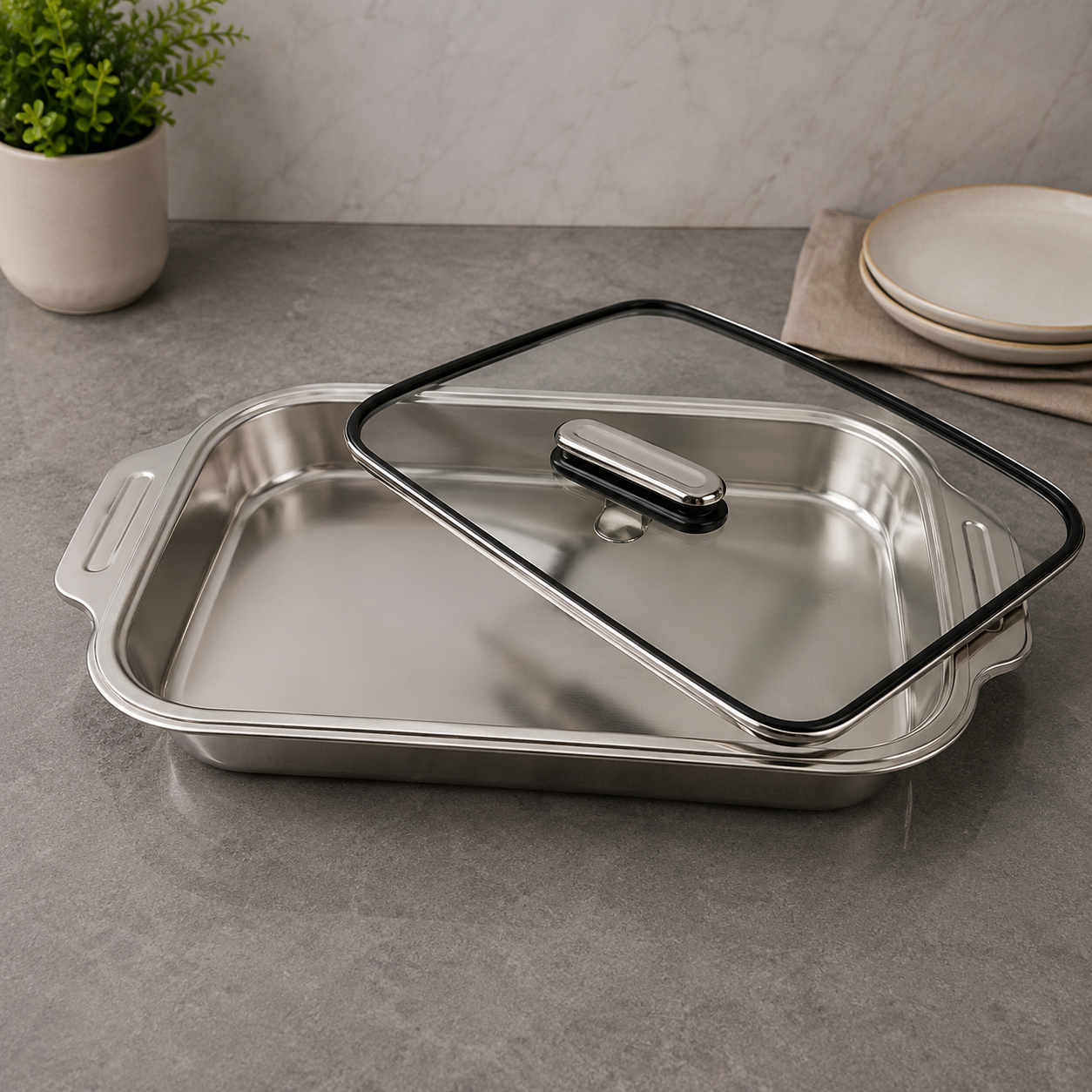 Premium Dish with Glass Lid – 42 × 26 × 6cm