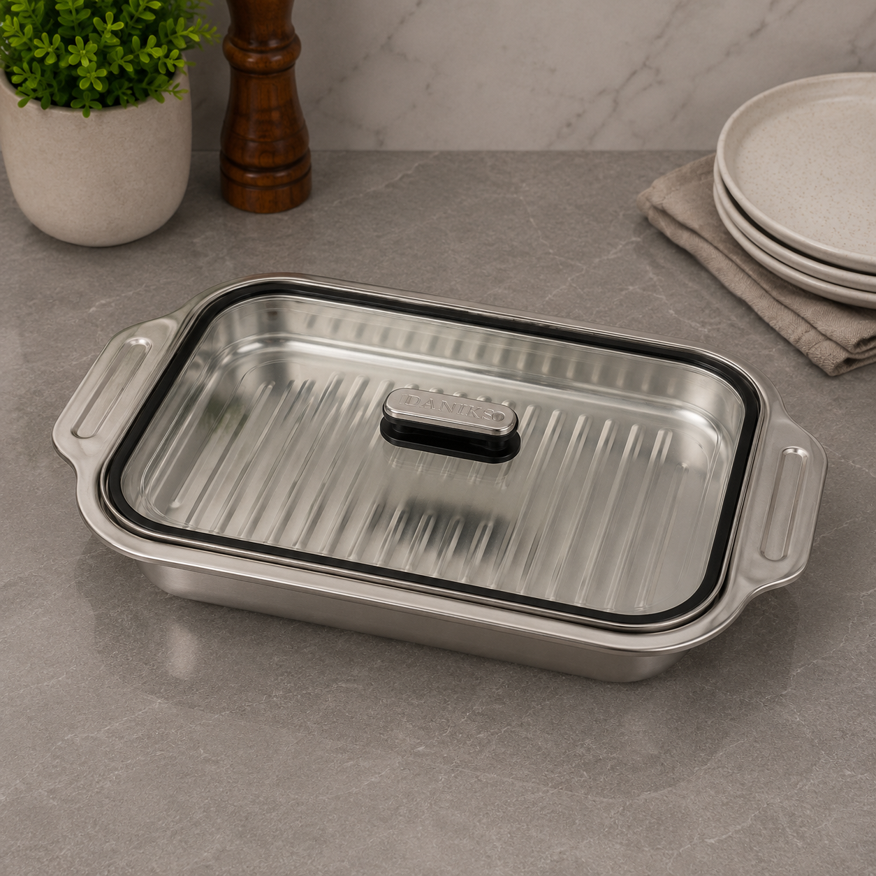 Premium Dish with Glass Lid – 35 × 20 × 6cm
