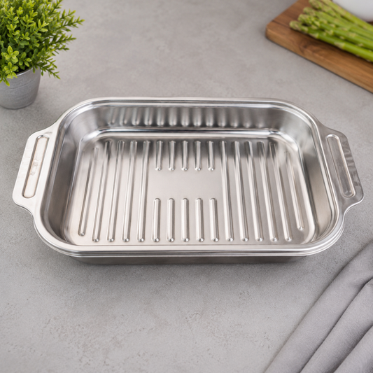 Ribbed Stainless Steel Serving Dish – 35×20×6cm