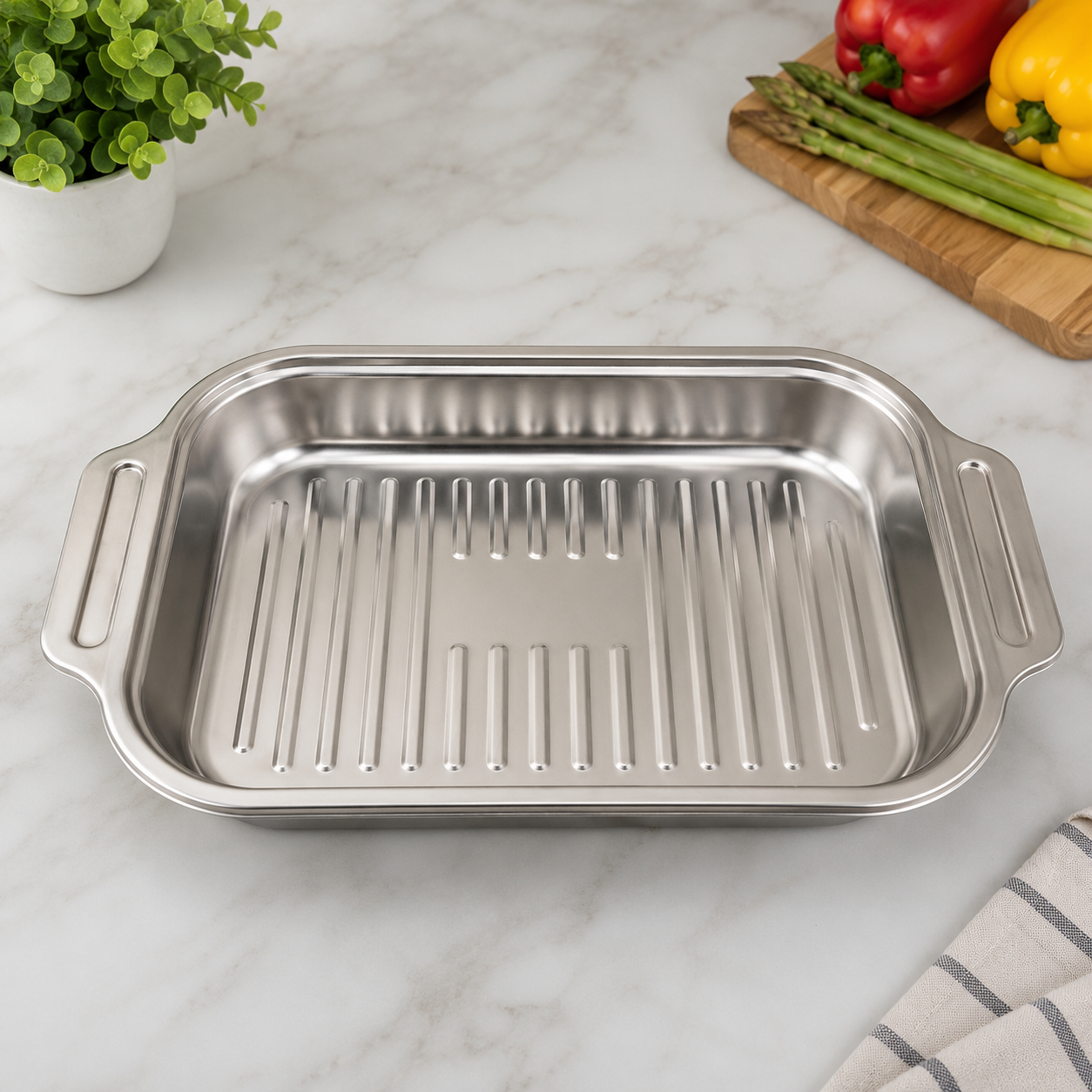Premium Stainless Steel Ribbed Serving Dish – 47x29x6cm