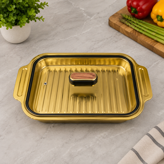 Royal Gold Ribbed Covered Serving Dish – 42×26×6cm