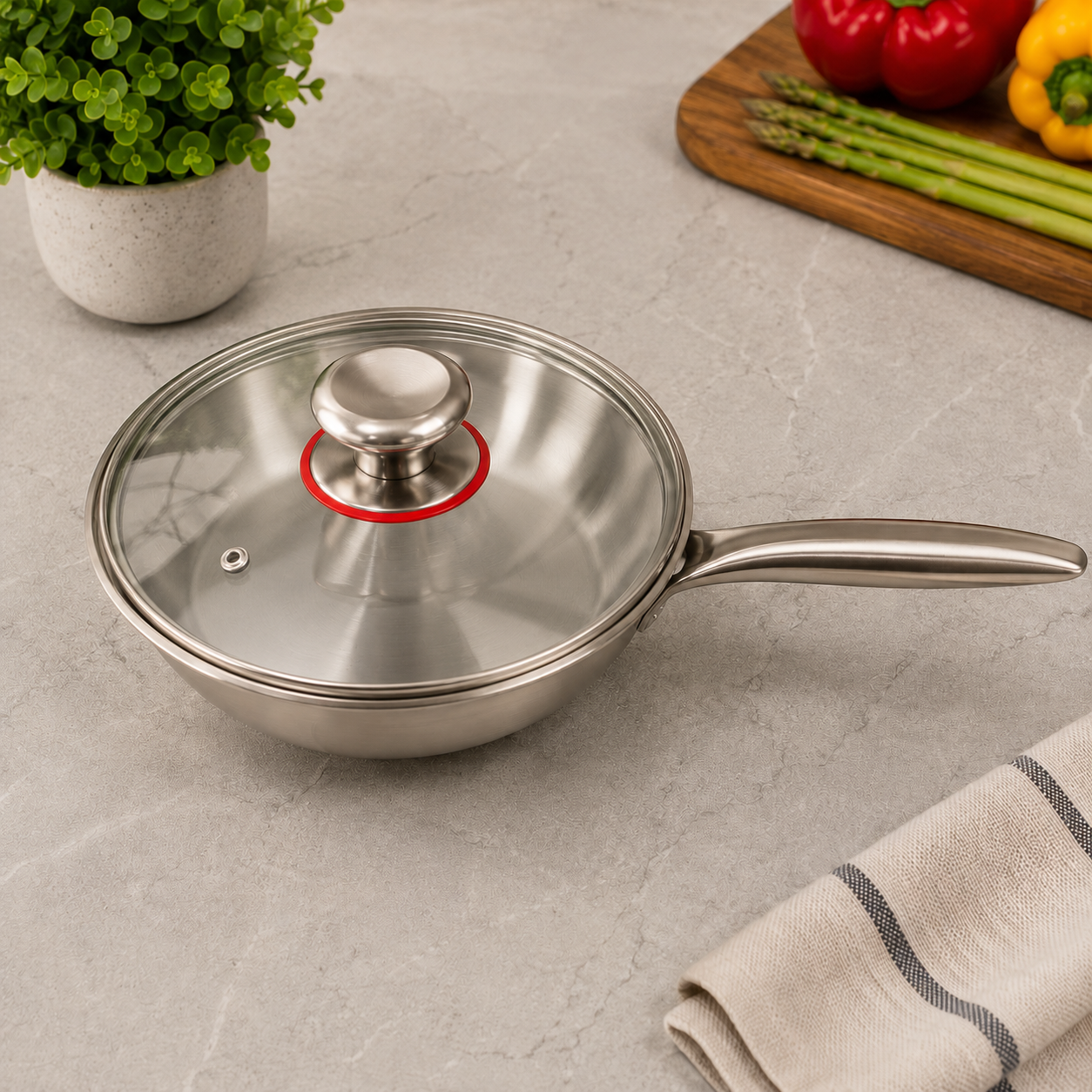Premium Stainless Steel Wok with Glass Lid – 20cm