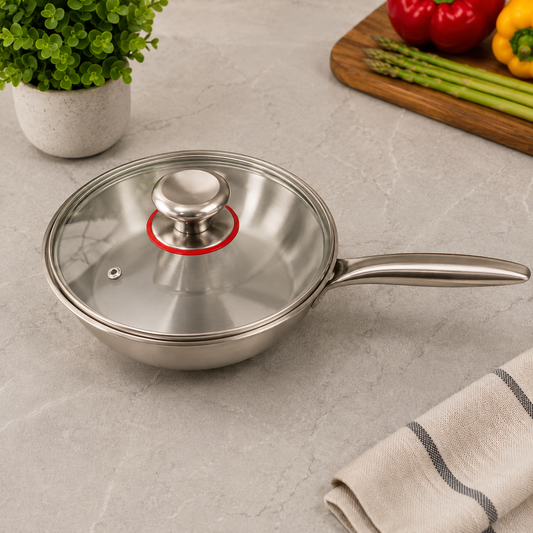 Premium Stainless Steel Wok with Glass Lid – 22cm
