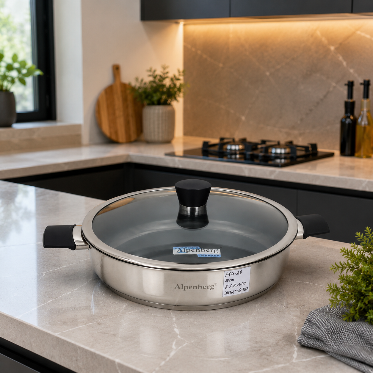 Alpenberg 28x7cm Stainless Steel Karahi with Glass Lid