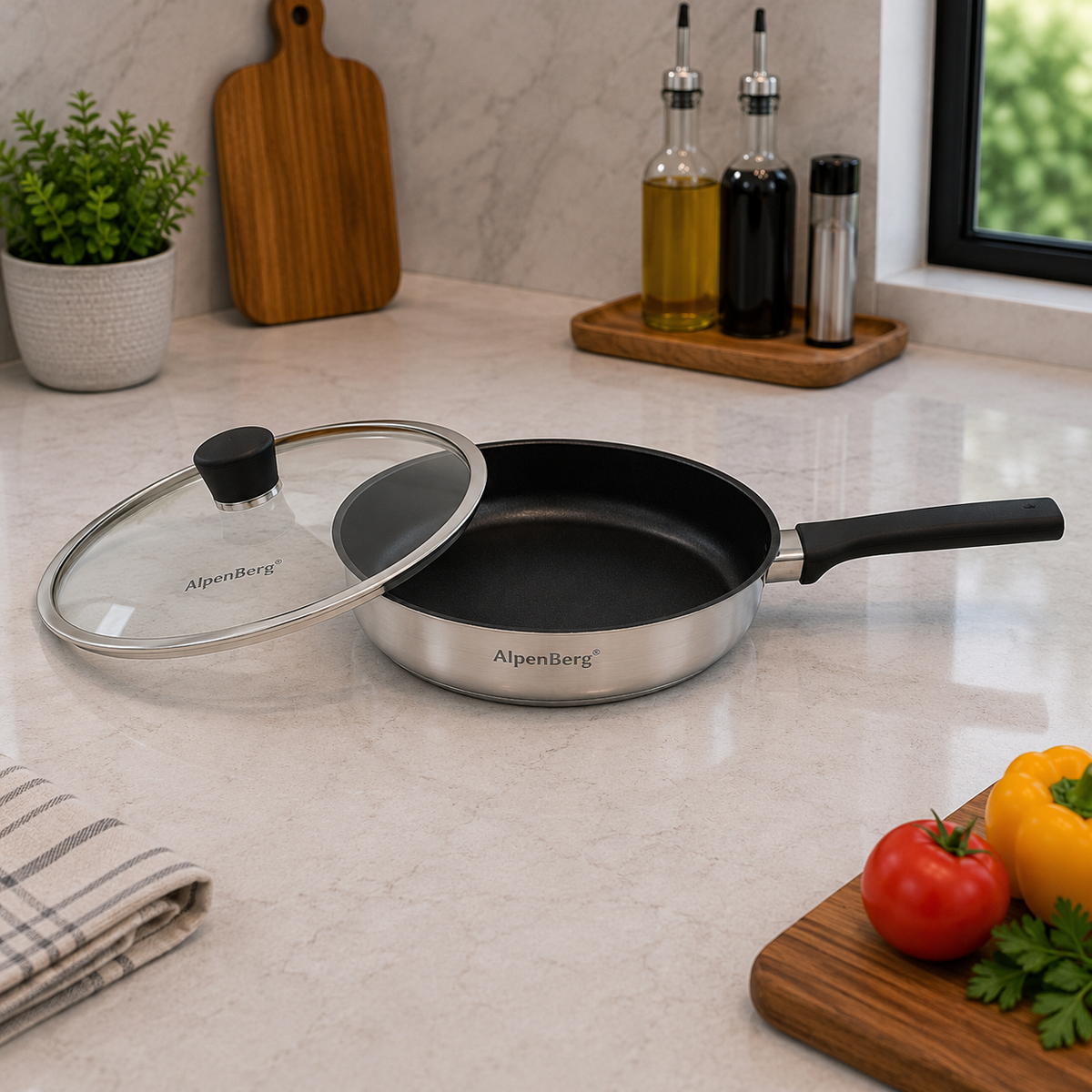 24x5.5cm Stainless Steel Fry Pan with Glass Lid