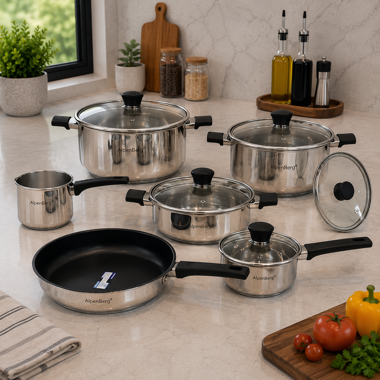 Alpenberg 10 Pieces Stainless Steel Cookware Set with Glass Lids