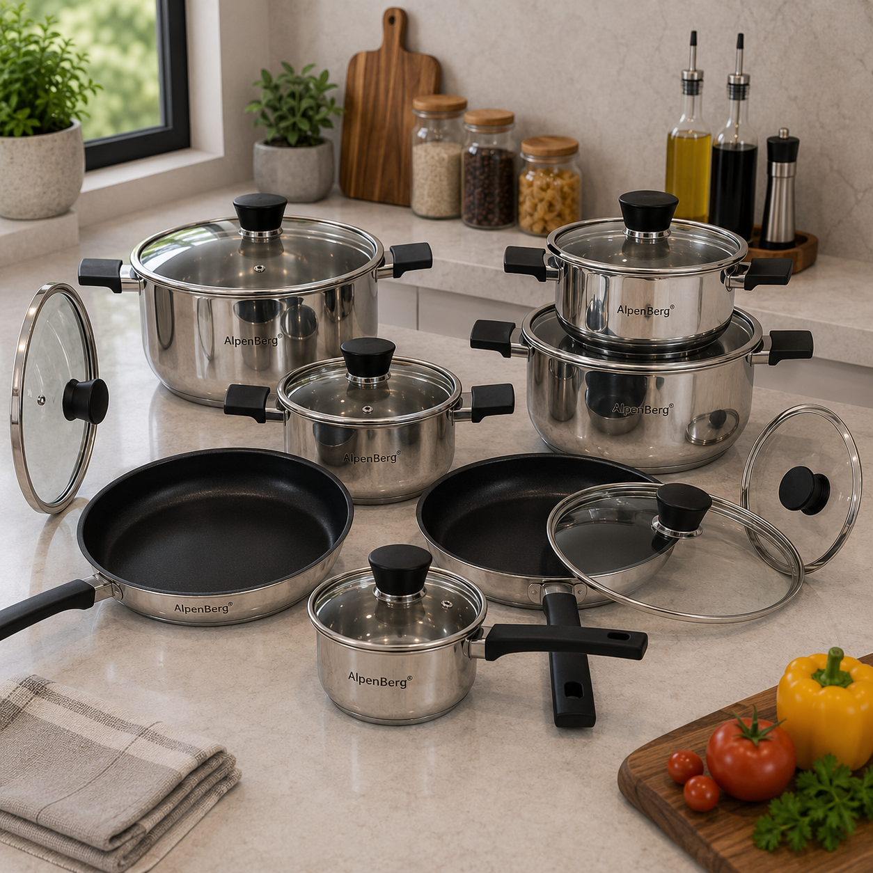 Alpenberg 12 Pieces Stainless Steel Cookware Set with Glass Lids