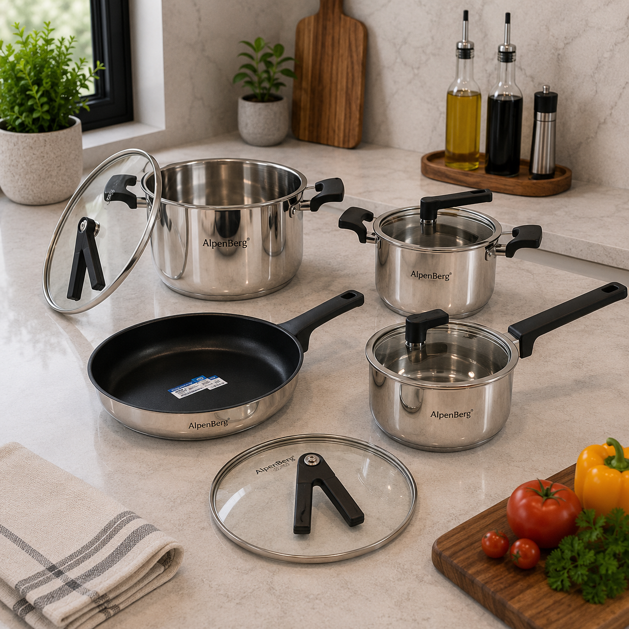 Alpenberg 8 Pieces Stainless Steel Cookware Set with Glass Lids