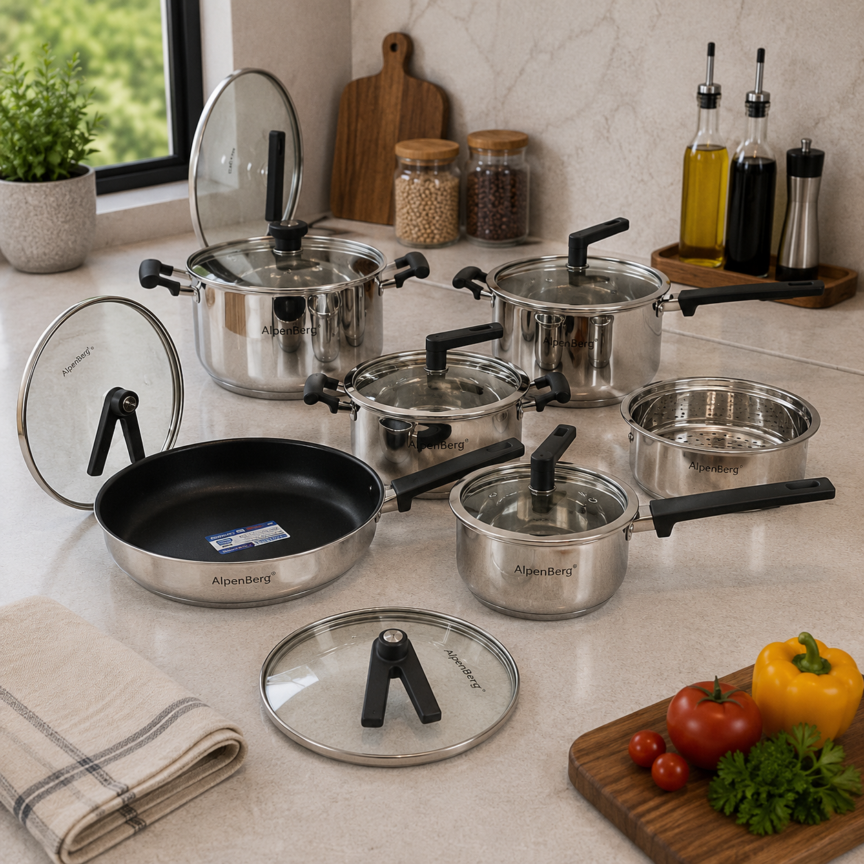 Alpenberg 10 Pieces Stainless Steel Cookware Set with Glass Lids