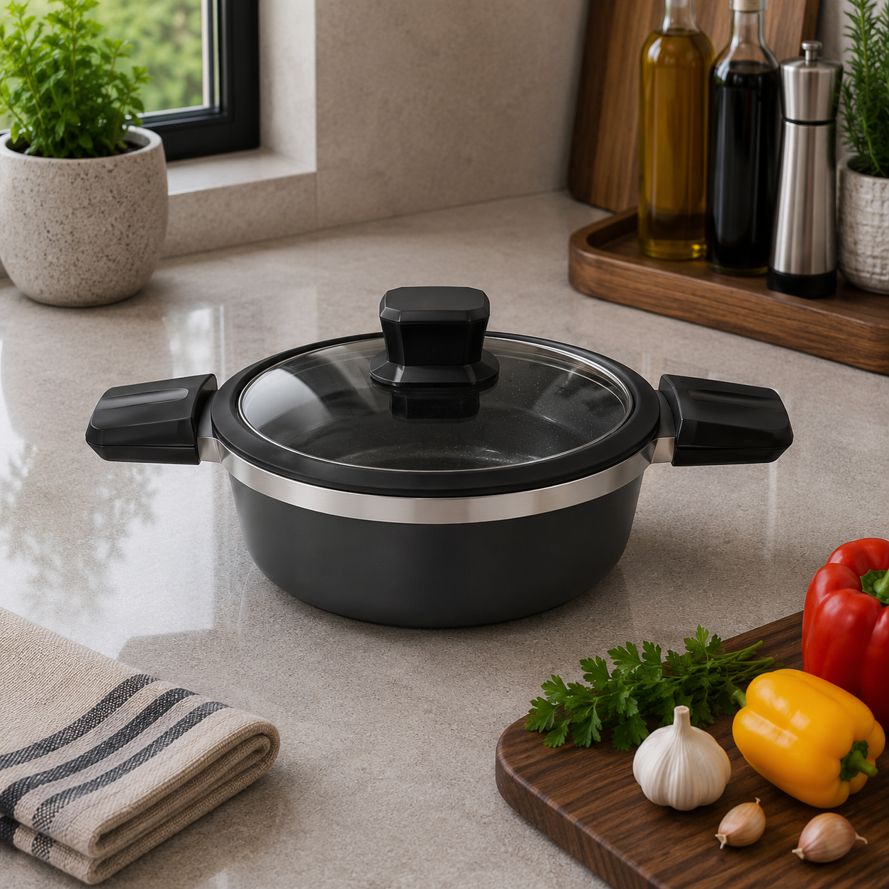 Alpenberg 24cm Pot Black/Silver with Glass Lid