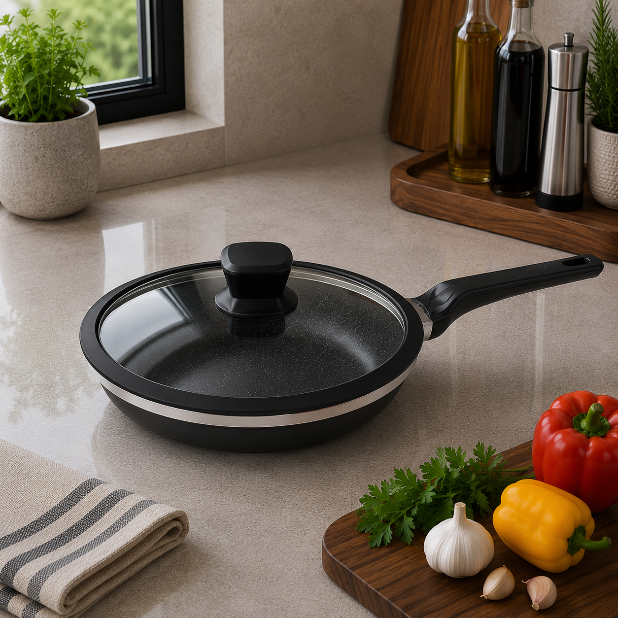 Alpenberg 24cm Fry Pan Black/Silver with Glass Lid