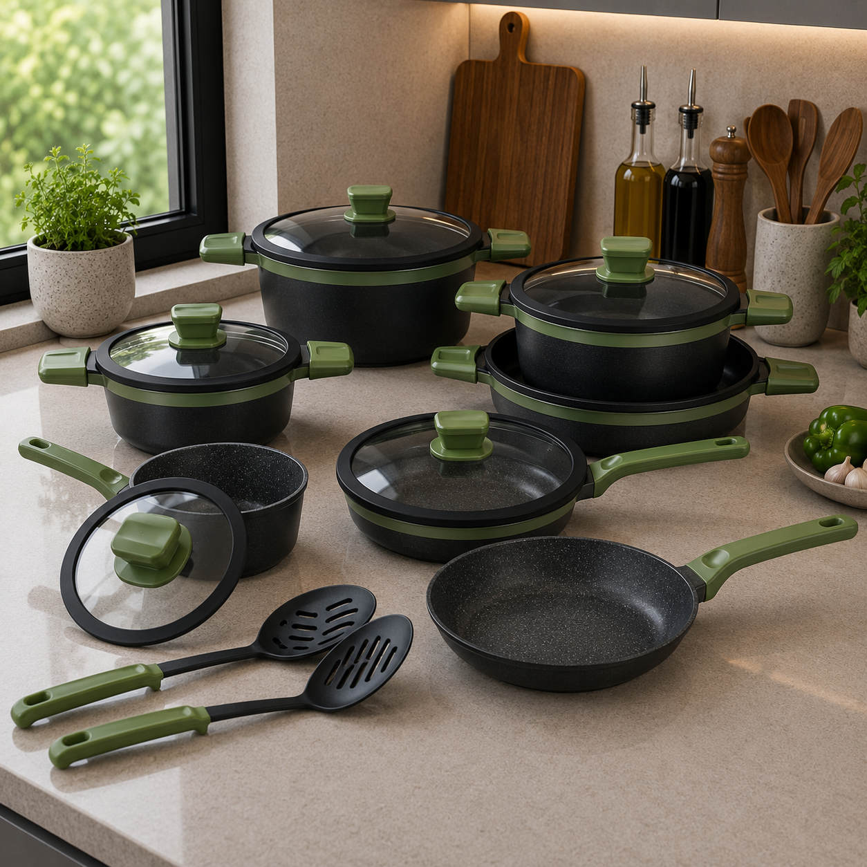 Alpenberg 12 Pieces Cookware Set Black/Green with Glass Lids