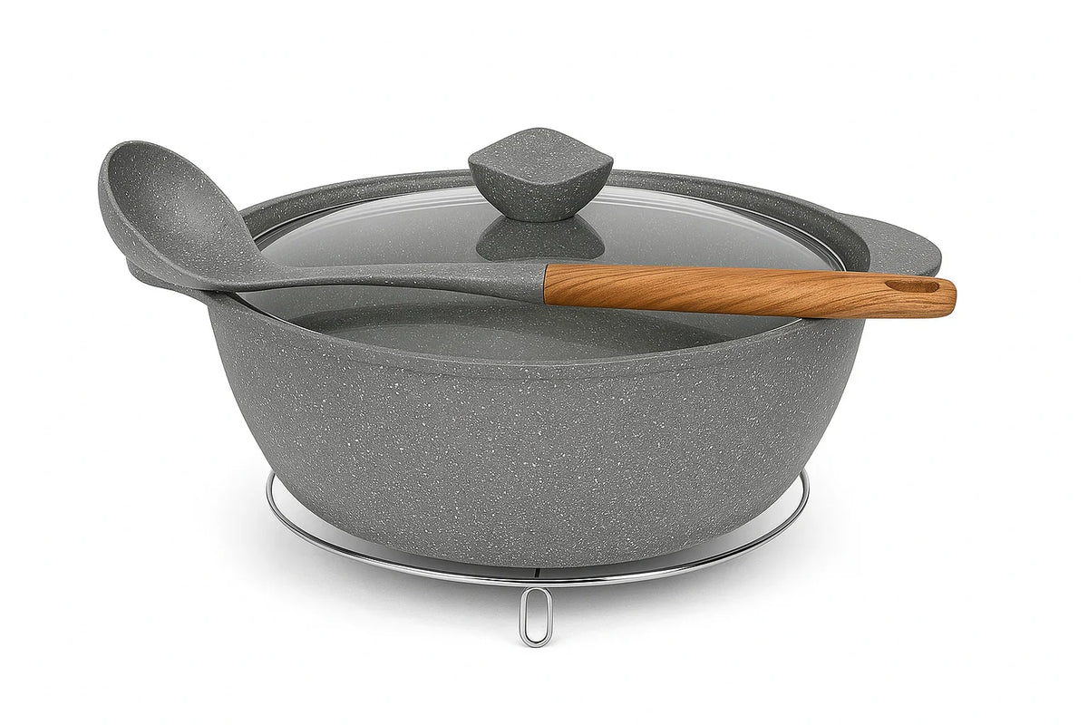 Kung Fu Master Non-Stick Cooking Pot with Induction Plate, Iron Stand & Spoon - 24cm