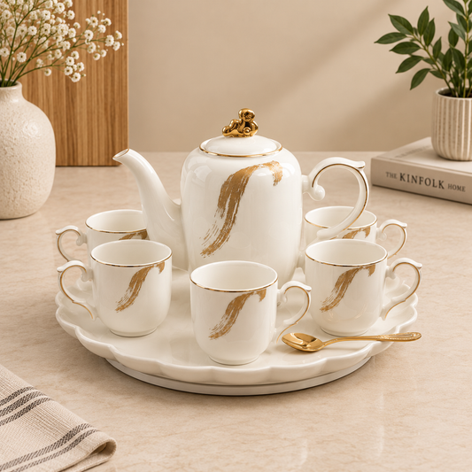 Elegant 8-Piece Tea Set with Teapot & Rotating Tray