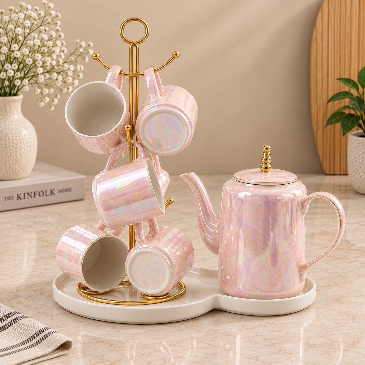 Luxury Ceramic Tea Set with Vertical Golden Cup Stand