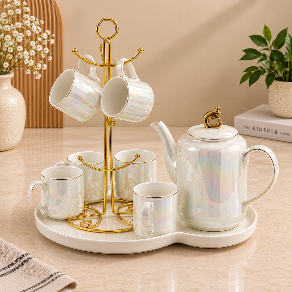 Elegant 8-Piece Ceramic Tea Set with Stand & Tray