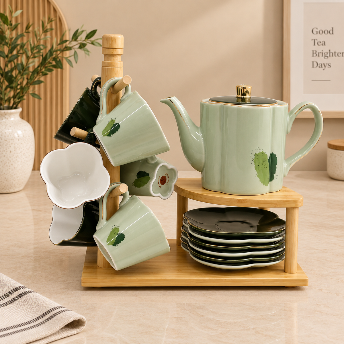 Premium Tea Serving Set with 6 Cups & Wooden Stand