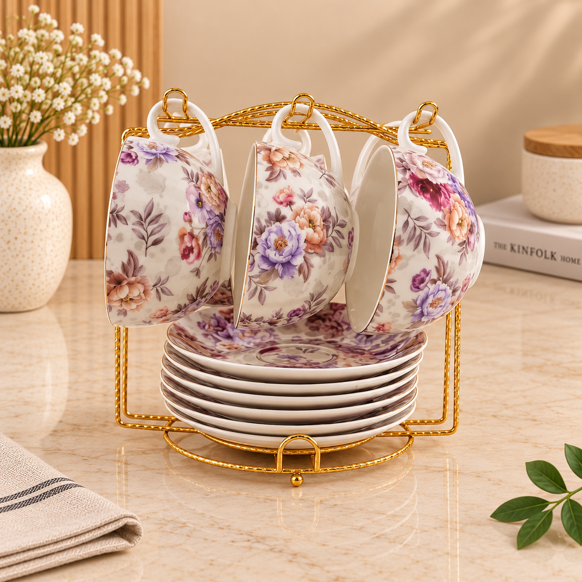 Luxury 6-Cup & Saucer Set with Display Stand