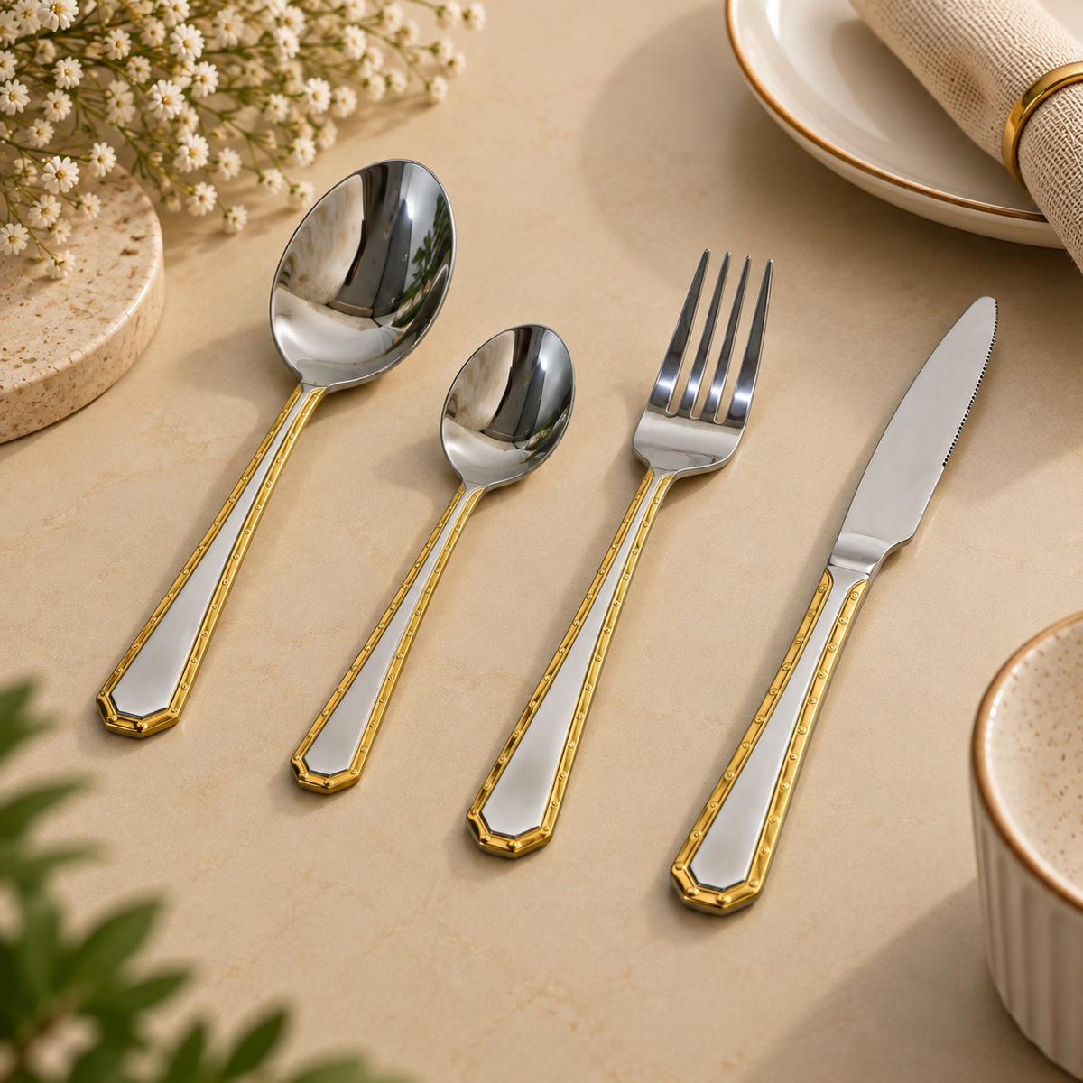 Royal Gold-Trim 24-Piece Stainless Steel Cutlery Set