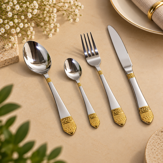 Imperial Gold Greek Key 24-Piece Stainless Steel Cutlery Set