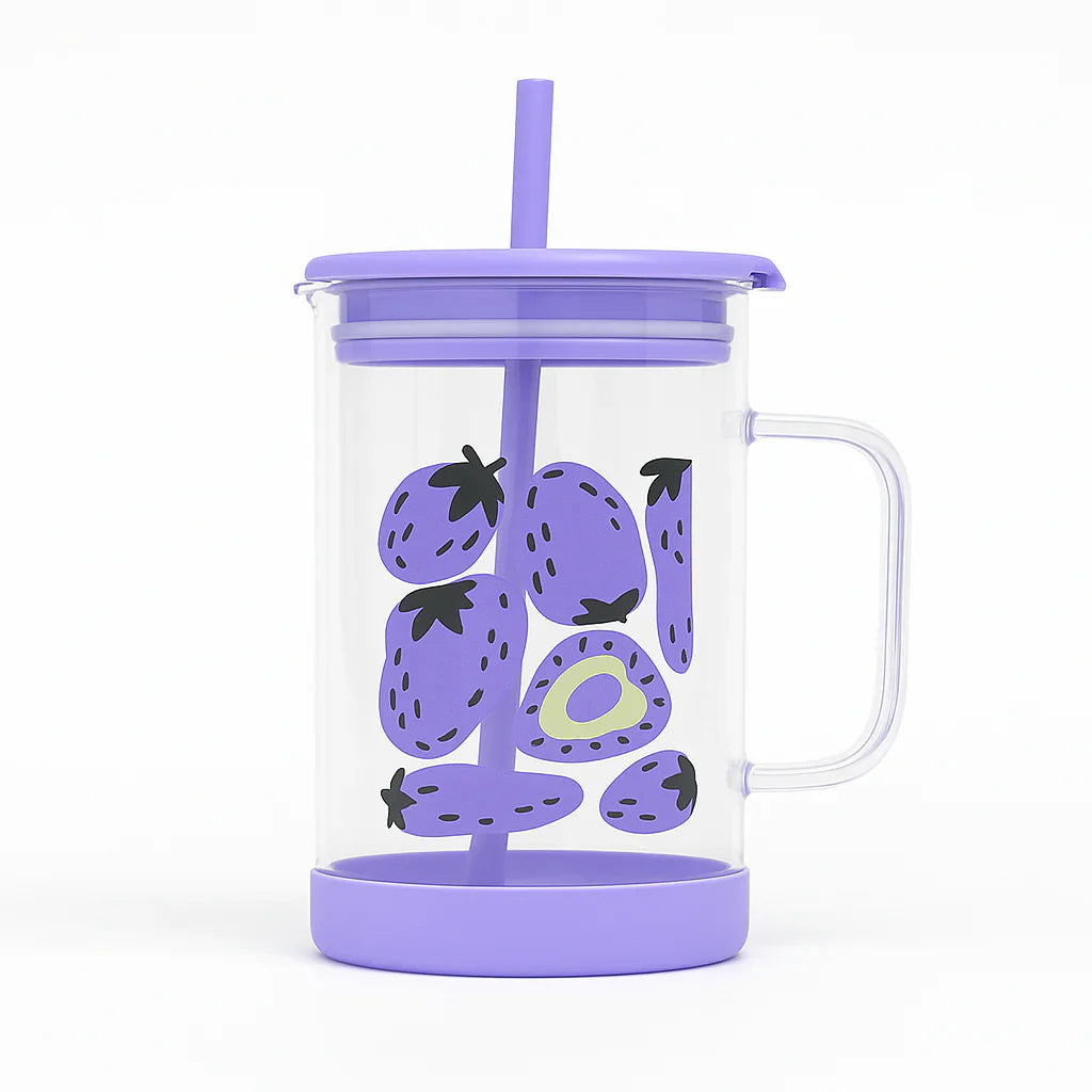 Cute Printed Glass with Handle & Straw