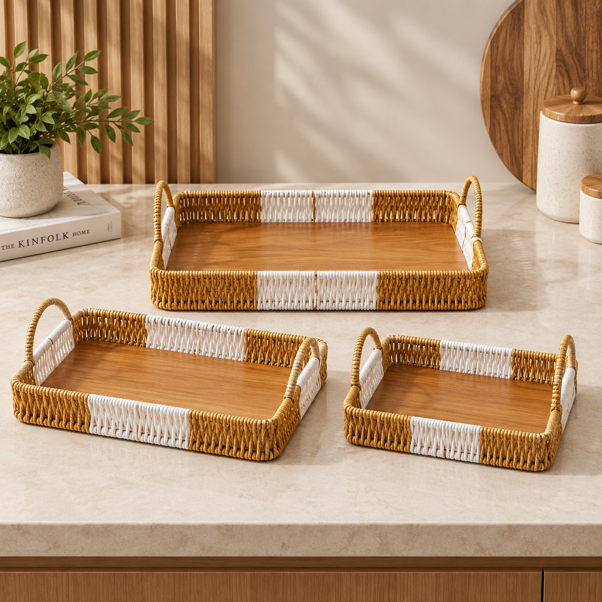 3-Piece Woven Serving Tray Set - Rectangle