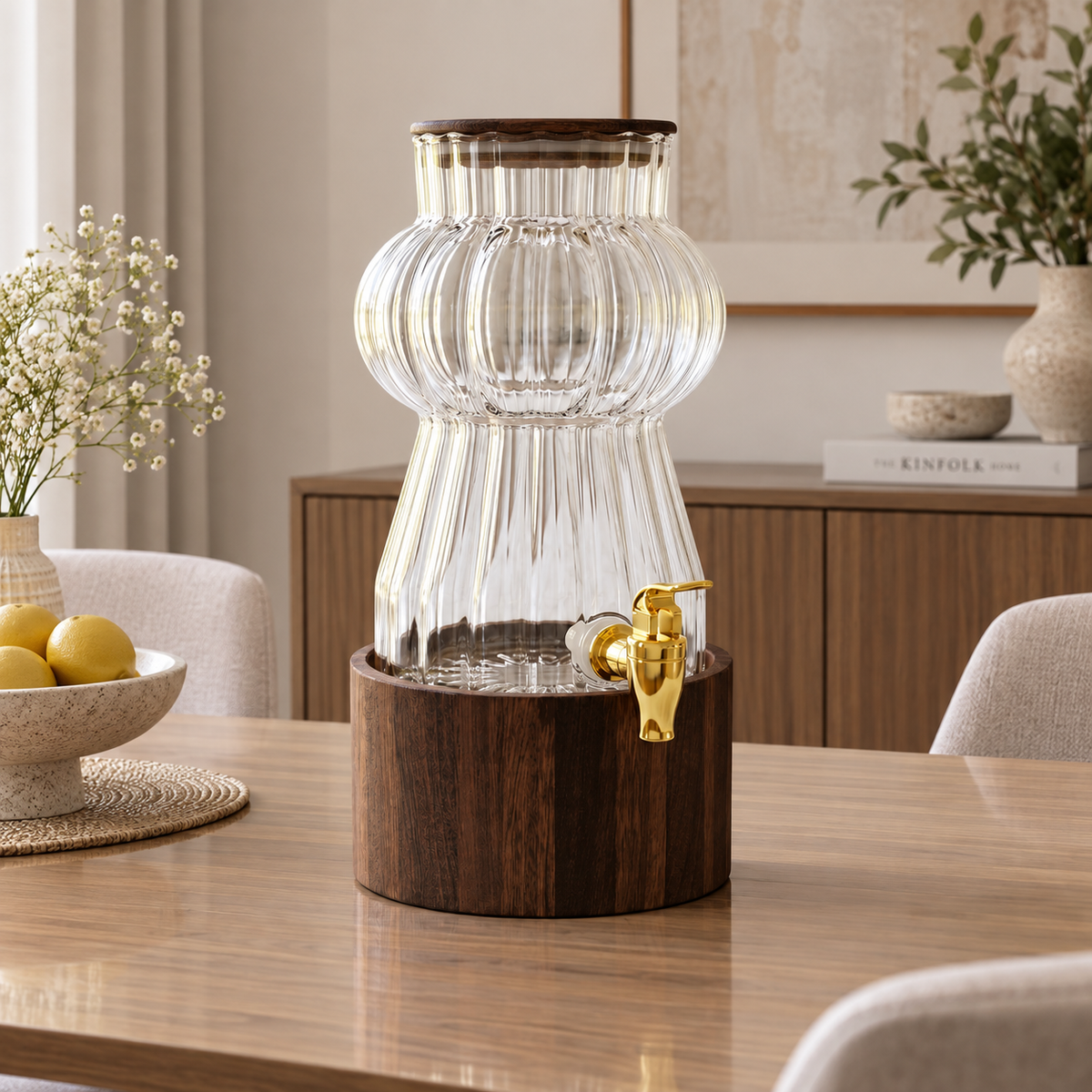 3.2L Ribbed Glass Beverage Dispenser with Wooden Base (Clear)